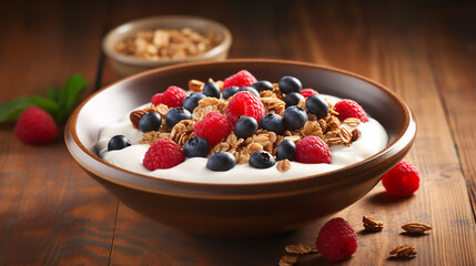 bowl of oat granola with yogurt fresh raspberries blackberries on wooden table