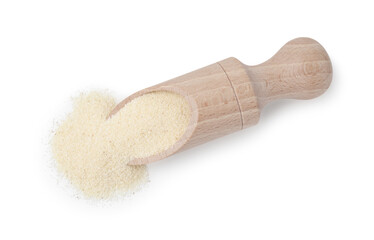 Wooden scoop with uncooked organic semolina isolated on white, top view