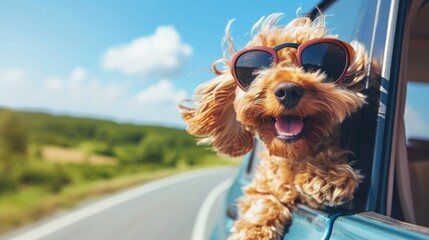 a cocker spaniel with aviator googles sticking his head out of a moving car window, photography, Copy space - obrazy, fototapety, plakaty