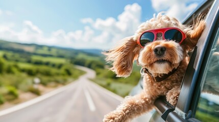  a cocker spaniel with aviator googles sticking his head out of a moving car window, photography, Copy space - obrazy, fototapety, plakaty