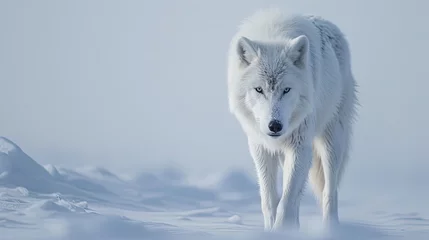 Fototapeten an arctic wolf walking in snow arctic landscape © midart