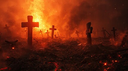 an image of some crosses, Intense fire, red flames of war - obrazy, fototapety, plakaty