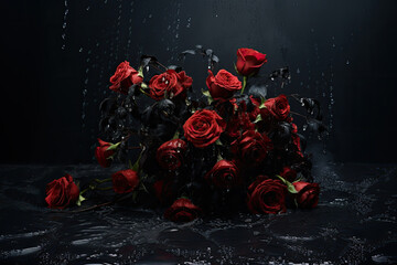 Wet red roses bouquet with black leafs in the rain. Red flowers bunch on a wet black background with drops. Water wetting a bouquet of flowers. Generative AI.