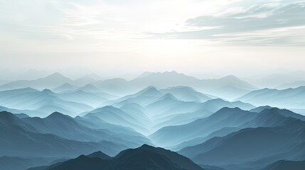  Gray-blue horizontally aligned distant mountains, large scene, 3D effect, renderer