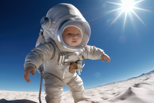 A baby clad in a spacesuit mimics a lunar explorer on a desert plain, under the vast expanse of a clear sky, symbolizing small steps towards grand dreams.