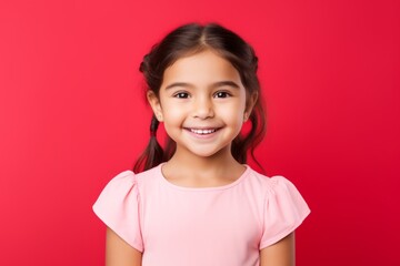 smiling little girl in pink t-shirt on a red background
