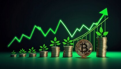 Bitcoin trading bull market growing with green stick trading chart and arrows, Financial growth arrow graph. Growth of an investment. Generative AI - obrazy, fototapety, plakaty