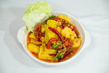 close up view of thai spicy corn salad