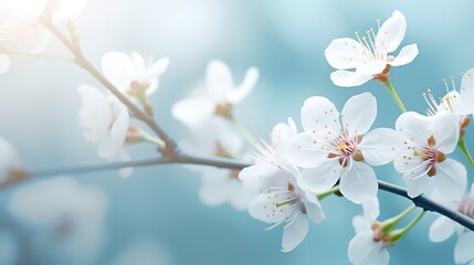 Obraz premium Branches of blossoming cherry macro with soft focus on gentle light blue sky background in sunlight with copy space. Beautiful floral image of spring nature panoramic view., generative ai