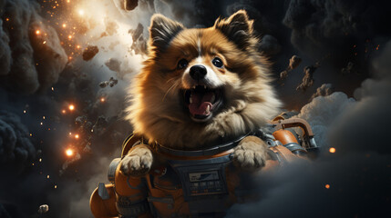 a dog ridding a rocket, cinematic 3d render, ultra realism, 8k, unreal engine, 2023 sci fi movie still --ar 16:9 --stylize 750 --v 5.2 Job ID: a57e1ce1-41e3-4dd6-872c-67f8e558e665 - obrazy, fototapety, plakaty