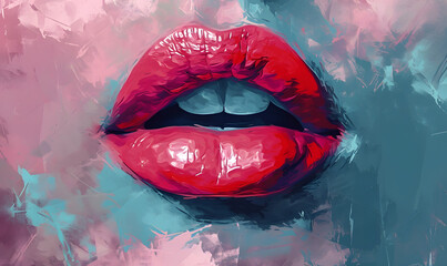 painting abstract art of female red lips mouth, Generative AI  - obrazy, fototapety, plakaty