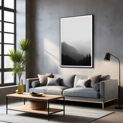 Fototapeta na wymiar Modern bedroom design, decorative paintings on the wall leave space for text, neat and clean sofa, green plants and table lamps next to it, 
