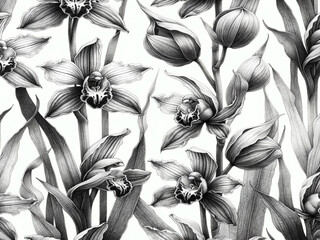 pencil sketch botanical illustrations of a mono tone arid orchid, each designed in a seamless pattern style, capturing the unique details and delicate presentation. - obrazy, fototapety, plakaty