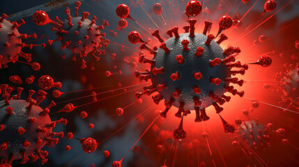 Close-up illustration of a virus particle amidst a backdrop of infectious spread, red background