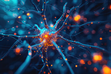 Image of neurons with glowing signals - obrazy, fototapety, plakaty