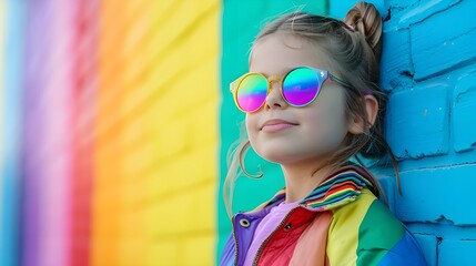 Fashionable little girl with rainbow sunglasses and a colorful jacket, standing against a rainbow background. Happy childhood, beauty, school and ad