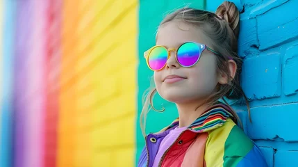 Foto op Canvas Fashionable little girl with rainbow sunglasses and a colorful jacket, standing against a rainbow background. Happy childhood, beauty, school and ad © Koko Art Studio