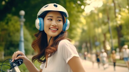 Fototapeta na wymiar Happy Asian woman wearing a helmet and listening to her favorite music while riding a bicycle through a city park.