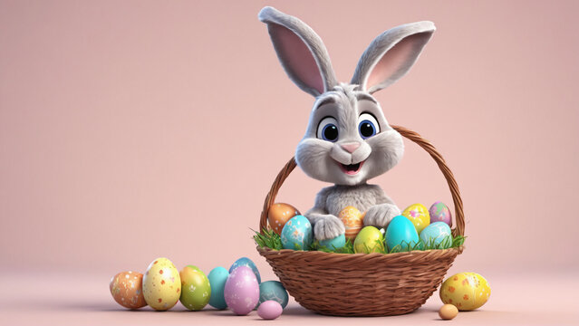 Easter bunny sits in a basket with painted easter eggs, 3d cartoon style, space to copy, Generative ai