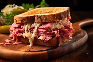 Classic Reuben sandwich, with layers of corned beef, sauerkraut, Swiss cheese,