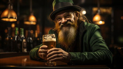 Leprechaun drinking beer - man dressed in green outfit for Saint Patrick’s Day - party - bar - pub - festival  - obrazy, fototapety, plakaty