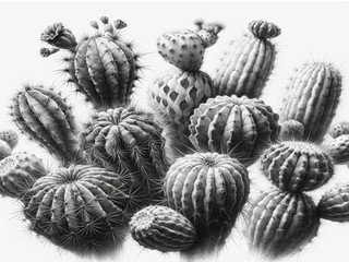 pencil sketch botanical illustrations of arid cacti in a seamless pattern style. Each illustration captures the unique details and delicate presentation of the cacti.