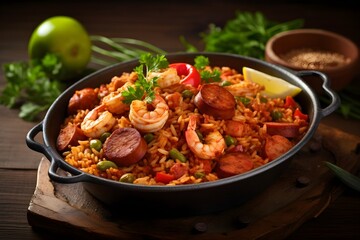 Flavorful jambalaya, a spicy Louisiana dish with a mix of rice, sausage, chicken, and seafood,
