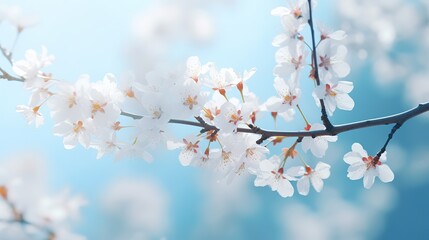Obraz premium Branches of blossoming cherry macro with soft focus on gentle light blue sky background in sunlight with copy space. Beautiful floral image of spring nature panoramic view., generative ai