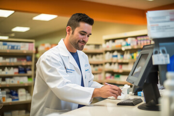 Naklejka na ściany i meble Smiling Male Pharmacist Standing in Retail Pharmacy, Offering Professional Service