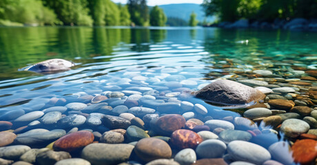 Pristine river flowing over a bed of smooth stones, a calming and minimalist nature scene
