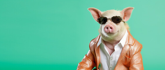 A pig dressed in a dapper suit exudes charm and charisma against a green backdrop, blending the animal kingdom with human sartorial elegance in a humorous fashion statement - obrazy, fototapety, plakaty