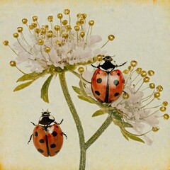 Abstract style, minimal artwork, flowers intertwined with ladybugs and pearls 