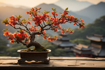 Chinese Bonsai with Copy Space, Zen  Serenity on a Chinese Horizon, Offering Room for Your Personalized Messages