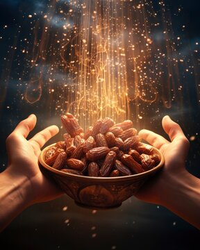 Cinematic style, A dynamic image showcasing a person's hands reaching towards a bowl filled with dates - generative ai