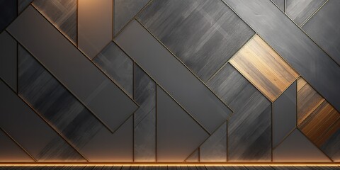 Textured geometric 3D background with shiny black and gold colors. generative AI