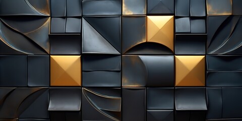 Geometric three-dimensional background in shiny black and gold colors. generative AI