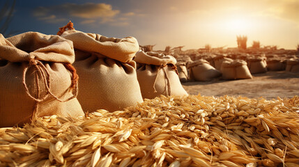Abstract agrarian image with bags of grain in the agricultural sector in the farm - obrazy, fototapety, plakaty
