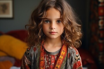 Portrait of a cute little girl with long curly hair looking at camera