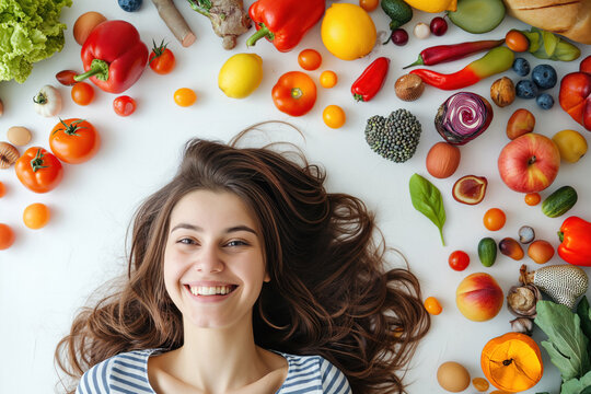 Uma mulher consumidora de frutas e legumes feliz, vida saudável e estilo de vida