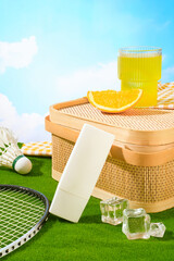 A bottle in white color is leaning on a bamboo basket with an orange slice and a cup of orange...