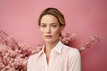 Portrait of a beautiful woman with pink flowers on a pink background