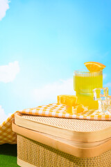 An orange and white checkered fabric spread over a picnic bamboo basket, featured ices, orange slices and a cup of orange juice. Picnic in the morning with blue sky and sun