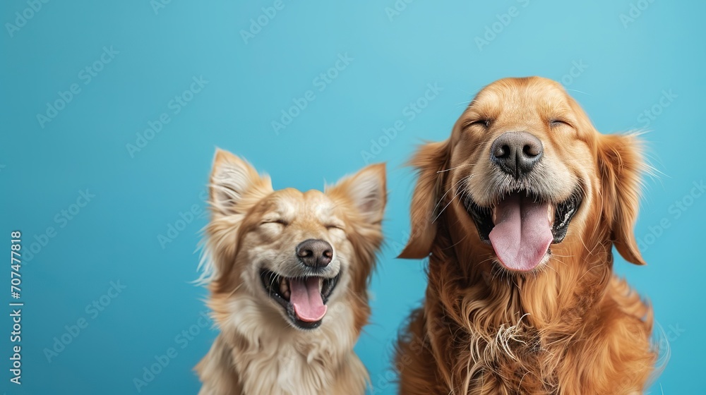 Wall mural banner pets. dog and cat smiling dogs with happy expression. and closed eyes. isolated on blue color