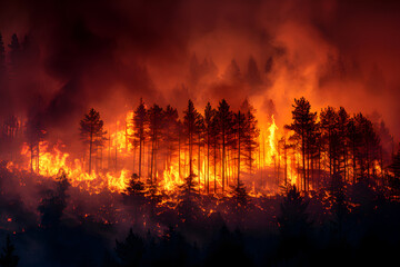 Raging Forest Fire in the Nighttime with copyspace for text