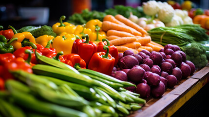 vegetable farmer market counter colorful various fresh vegetables on modern market display