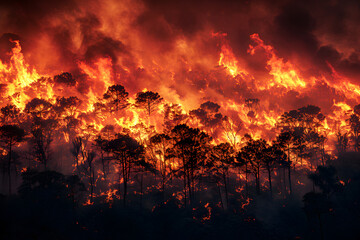 Devastating wildfire with Flaming Sky in the forest mountain