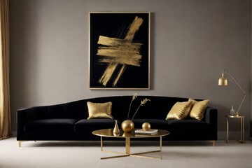 Luxury black and gold living room interior with sofa, table, and painting in a perfect composition.
