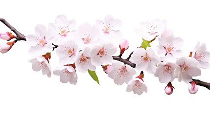  Spring sakura cherry blooming flowers bouquet. Isolated realistic pink petals, blossom, branches, leaves vector set. Design spring tree illustration, generative ai