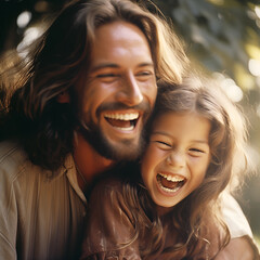 Portrait of a happy father jesus and his daughter in the park. - obrazy, fototapety, plakaty