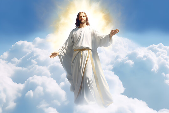 christianity, religion and people concept - smiling Jesus Christ in white robe over blue sky background